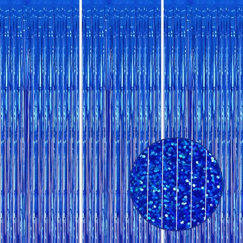 DECOCKRAT 3 Pack Foil Fringe Backdrop - Laser Royal Blue Shiny Tinsel Curtains for Party Decoration/Photo Booth Props - 3.3x8.2 FT Metallic Foil Backdrop for Birthday, Wedding, Graduation, Christmas - color: Laser Royal Blue
