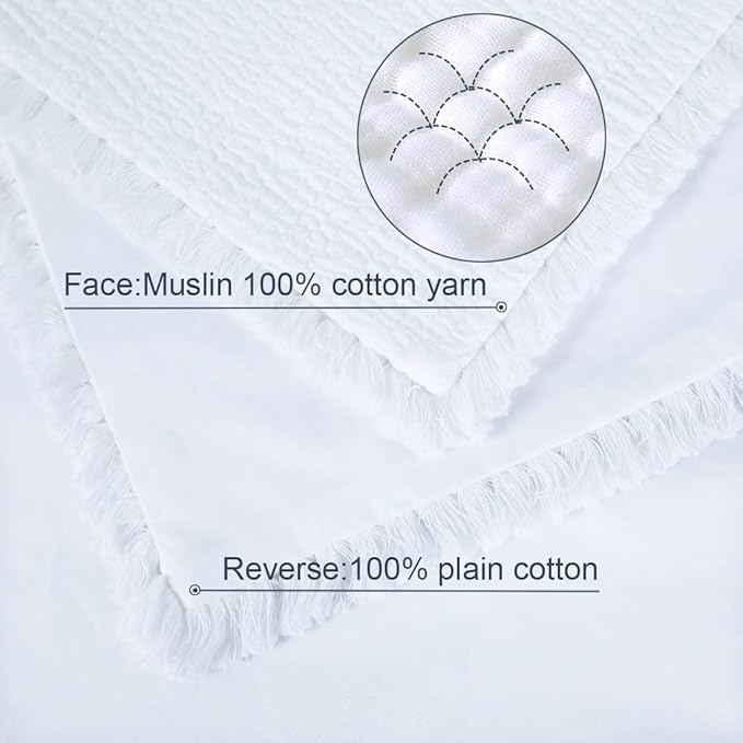 YINFUNG Quilted Pillow Sham White King Set of 2 Muslin Cotton Tassel Fringe Pillowcases Matelasse Boho Decorative Textured Gauze Moroccan Thin Soft 20×36 Bright White