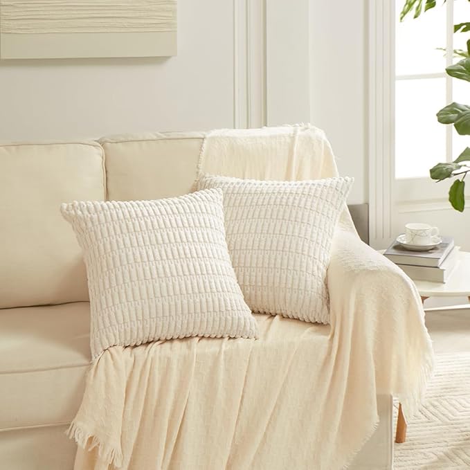 Fancy Homi 4 Packs Boho Cream Decorative Throw Pillow Covers 18x18 Inch for Living Room Couch Bed Sofa, Rustic Modern Farmhouse Home Decor, Soft Plush Corduroy Cute Square Beige Cushion Case 45x45 cm