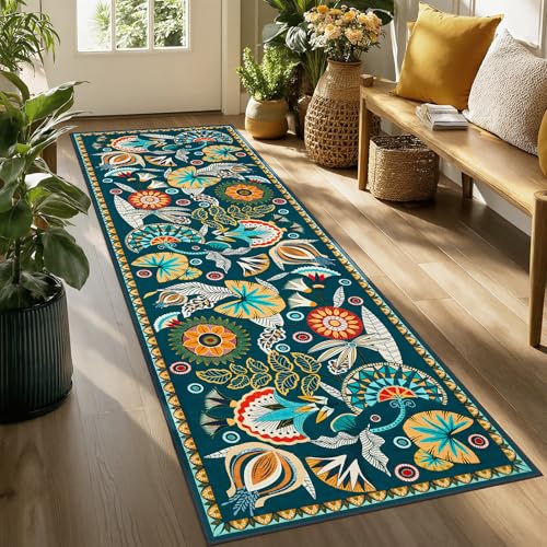 Joydeco Egypt Floral Boho 2x8 Bathroom Hallway Runner Rug Non Slip, Washable Dark Green Kitchen Rug Runner, Vintage Ultra-Thin Long Carpet for Entryway Laundry Bath Room Bed Beside - color: Dark Green, size: 2'7" x 8' (Runner)