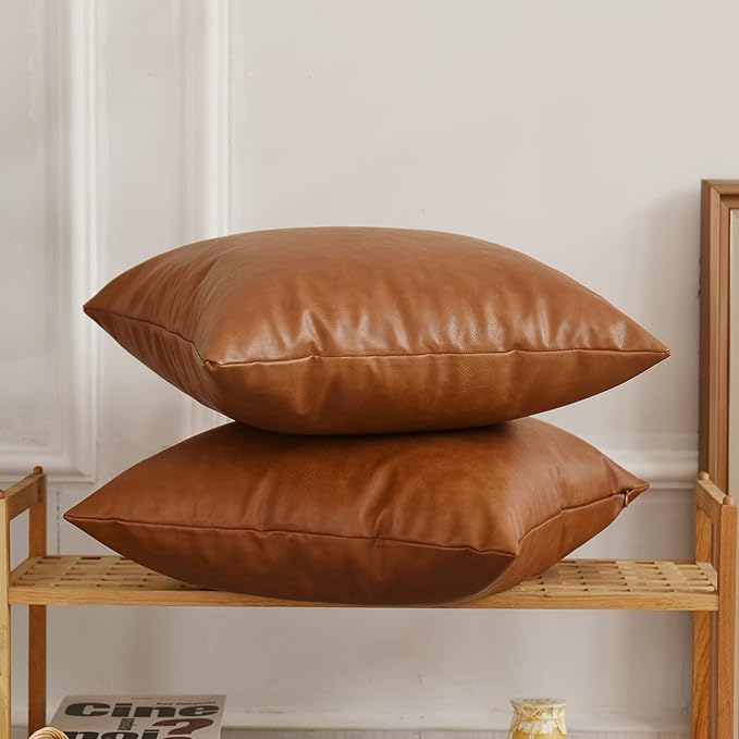 Tosewever Faux Leather Throw Pillow Covers, 20 x 20 inch Set of 2 Luxury Cognac Brown Modern Pillowcases Solid Decorative Square Cushion Cases for Bedroom Living Room Couch Bed Sofa (Brown, 20" x 20")
