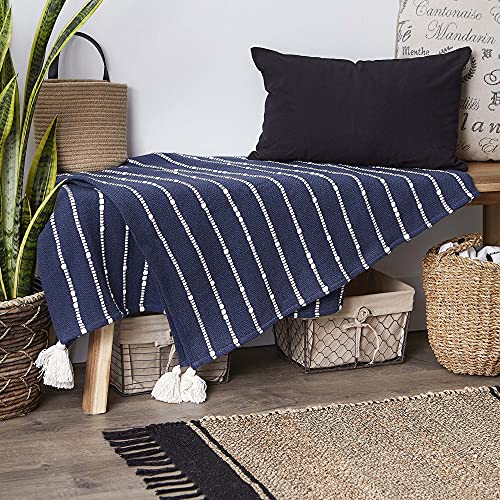 DII Striped Throw Collection Cotton Slub, Hand-Tied Tassels, 50x70, French Blue & Off-White - color: French Blue & Off-white, size: 50x70''
