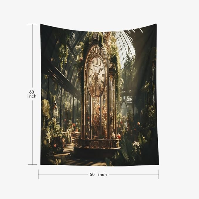 EMMTEEY Gothic Garden Vintage Tapestry 50X60 Inch - Flowers Vintage Clock Wall Art Medieval Forest Backdrop for Dorm Classroom