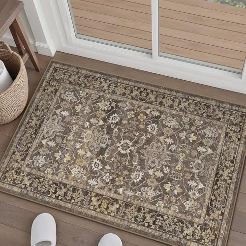 2x3 Brown Washable Vintage Area Rug for Living Room Soft Floral Non Slip Throw Rug Modern Low Pile Stain Resistance Doormat Distressed Carpet Entrance Dinning Laundry Room Kitchen Bathroom - color: Neutral | Brown, size: 2'x3'