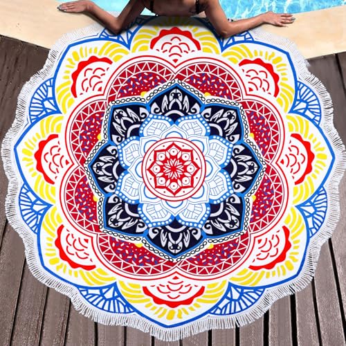 Benefeet Sox Large Mandala Beach Towel Round Microfiber Circle Beach Towels Bohemian Roundie Beach Blanket Quick Dry Beach Throw Blanket Sand Free Pool Towels, 59 Inches Multicolored - color: Mandala, Multicolored