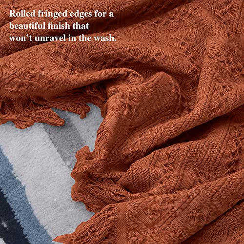 Simple&Opulence 100% Cotton Throw Blanket for Bed, Couch, Boho Luxury Geometric Woven Blanket with Tassels Soft Lightweight Cozy Breathable, Vintage Farmhouse Decoration for All-Season(Rust Orange) - color: Rust Orange