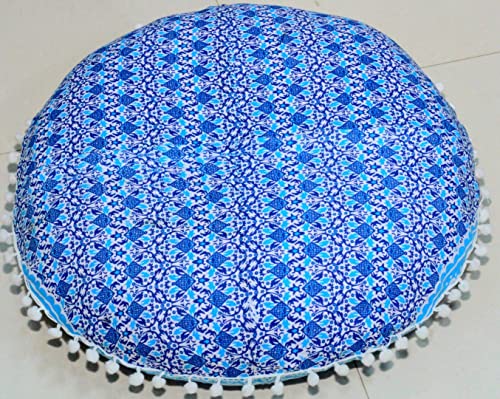 CRAFT KALA Mandala Floor Pillow Cushion Cover Seating Throw Cover Hippie Decorative Bohemian Ottoman Poufs Pom Pom Pillow Cases Boho Indian Cotton Living Room Yoga Home Décor (24" Round, Blue Ombre) - color: Blue Ombre, size: 24" x 24" (Pack of 1)