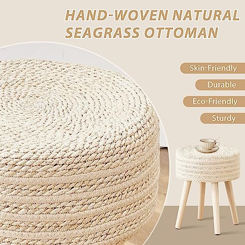 Cpintltr Round Ottoman Footstool Natural Seagrass Foot Stool Pouf Ottomans with Solid Wood Legs Hand Weave Hyacinth Footrest Step Stool for Living Room Balcony Garden Natural & Beige - color: Beige