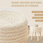 Cpintltr Round Ottoman Footstool Natural Seagrass Foot Stool Pouf Ottomans with Solid Wood Legs Hand Weave Hyacinth Footrest Step Stool for Living Room Balcony Garden Natural & Beige - color: Beige