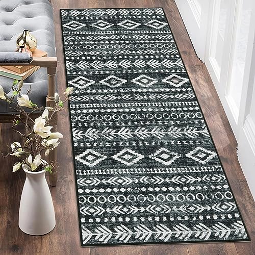 Lahome Washable Rug Runners for Hallways Non Slip, Boho Moroccan Black White 2x5 Hallway Runner Rug with Rubber Backing, Low-Pile Soft Rustic Tribal Print Carpet Runner for Bedroom Entryway Varena - color: Black/White, size: 2' x 5'