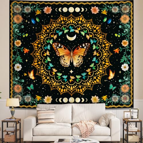 Apdidl Boho Mandala Butterfly Floral Tapestry for Bedroom, Hippie Moon Ceiling Colorful Plant Flower Tapestries Aesthetic, Bohemia Vintage Orange Moth Botanical Wall Hanging for Living Room 79" X 60" - color: Mandala Butterfly Tapestry, size: 79"L x 60"W