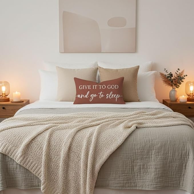 Decorative Throw Pillow Covers 12x20 Inch Set of 2 – Rust Christian Lumbar Pillowcase – Give It to God and Go to Sleep/Relax God’s Got This – Cozy Fall Thanksgiving Bedroom Bed Decor