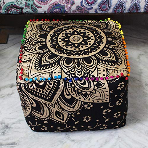 CRAFT KALA Mandala Meditation Floor Pillows Cover Square Pillow Seating Hippie Decorative Adults Bohemian Cushion Cover Outdoor Living Room Throw Ottoman Poufs Cover 18X18X14 inches, Black Gold Flower - color: Black Gold Flower