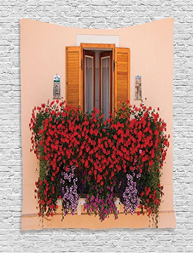Ambesonne Shutters Tapestry, Photo of Window with Fresh Flowers Mediterranean Summertime Traditional House, Wall Hanging for Bedroom Living Room Dorm Decor, 40" X 60", Peach Green - color: Peach Green, size: 60"L x 40"W