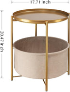 danpinera Round Side Table with Fabric Storage Basket, Pack of 2, Metal Side Table Small Bedside Table Nightstand with Removable Tray Top for Living Room, Bedroom, Nursery, Laundry, Gold