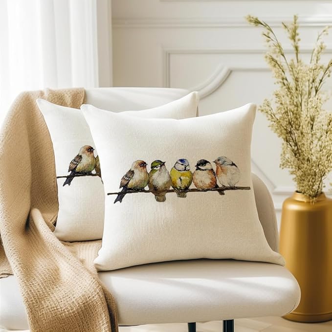 RABUSOFA 16x16 Watercolor Birds Pillows Decorative Throw Pillows Hand-Painted Oil Painting Rustic Birds Square Pillow Cases,Cute Colorful Spring Decorations for Home Couch Sofa Outdoor