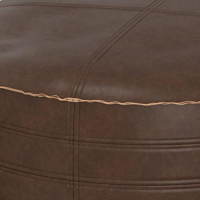 SIMPLIHOME Brody Boho Round Pouf in Distressed Dark Brown Vegan Faux Leather for the Living Room, Bedroom and Kids Room
