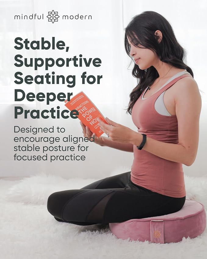 Mindful Modern Velvet Meditation Cushion | Luxe Zafu Yoga Floor Pillow Seat | Posture Support | Buckwheat Hull Filled | Large Round Cushion with Removable Washable Cover + Carry Handle