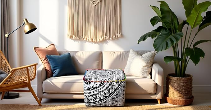 CRAFT KALA Large Hippie Mandala Meditation Floor Ottoman Pillow Cushion Pouf Cover Square Poufs Cover Bohemian Floor Cushion Case Outdoor Fireplace Yoga Living Room Decor 18X18X14 inches, Grey Ombre