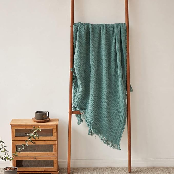 Simple&Opulence Cotton Muslin Throw Blanket for Bed, Couch, Knit Woven Gauze Blanket with Tassels, Soft Lightweight Cozy Pre-Washed Breathable Farmhouse Decoration for All-Season (Dark Green)