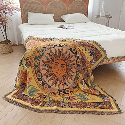 Hopstar Sun Throw Blanket Boho Hippie Tapestry Room Decor Western Blankets and Throws Soft Cozy Couch Cover for Loveseat Sofa Living Room Chair Travel 51"x63" (Yellow/Floral) - color: Sun Face, size: 51"x63"