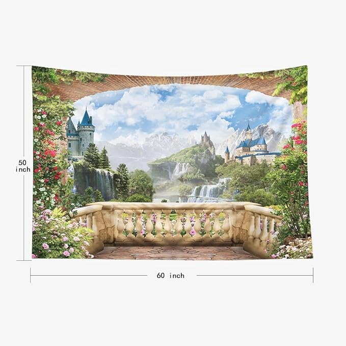 EMMTEEY Landscape Tapestry View from Balcony of Waterfalls with Castles for Women, Families 60X50 Inches