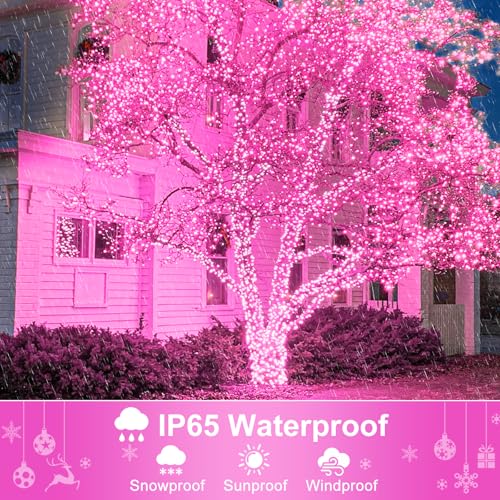 Pink Christmas Lights Outdoor, 66FT 200 LED Plug in Christmas Tree Lights Waterproof, 8 Modes Connectable String Lights for Outside Indoor Patio Yard Wedding Party Holiday Decorations - color: Pink, size: 66FT 200 LED