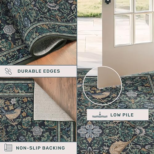 Hazo Haus Washable Floral Small 2x4 Thin Door Mats for Inside Entry, Dark Blue Bird Non Slip Kitchen Rug, Low Pile Bathroom Rug, Traditional Carprt for Bedroom Besdide Bed - color: Blue, size: 2' x 4' (Rectangular)