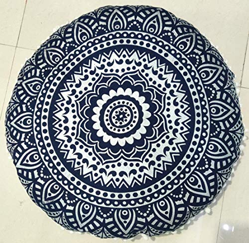 INDIAN CRAFT CASTLE 24" Blue Silver Mandala Barmeri Large Floor Pillow Cover Cushion Meditation Seating Ottoman Throw Cover Hippie Decorative Zipped Bohemian Pouf Ottoman Pom Pom Cases 24" Round - color: Blue Silver, style: 24 Inch Round