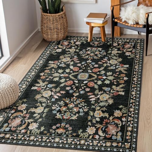 MUJOO 3x5 Rug Washable,Black Floral Area Rugs for Bedroom Bedside Entryway Living Room Kitchen,Floral Boho Small Indoor Floor Rug Non Slip Throw Carpet Low Pile Vintage - color: Black, size: 3' x 5' (Rectangular)