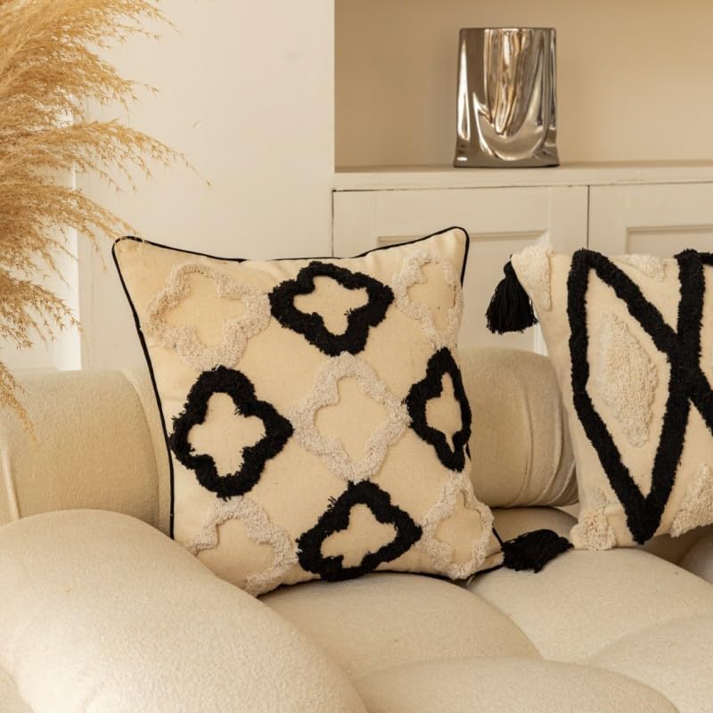 Xiao Hua Boho Tufted Decorative Throw Pillow Cover, Cozy Bohemian Cotton Canvas Cushion Cover Tassels Pillow Case Home Decor 18 * 18inch,02