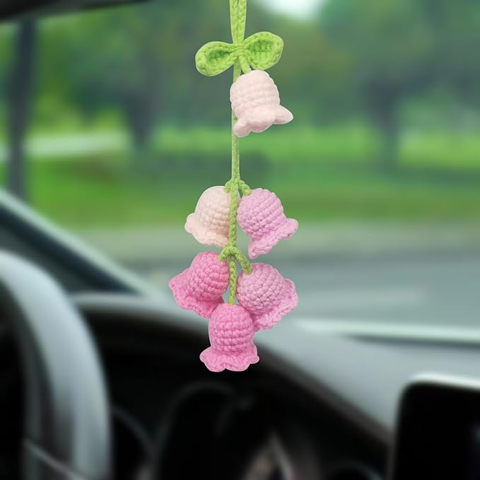 Car Rearview Mirror Hanging Ornament, Crochet Flower Basket Plant Accessories, Handmade Knitted Car Ornament Boho Accessories for Women (Lily of The Valley(Pink))