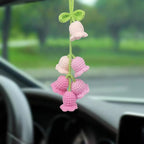 Car Rearview Mirror Hanging Ornament, Crochet Flower Basket Plant Accessories, Handmade Knitted Car Ornament Boho Accessories for Women (Lily of The Valley(Pink))
