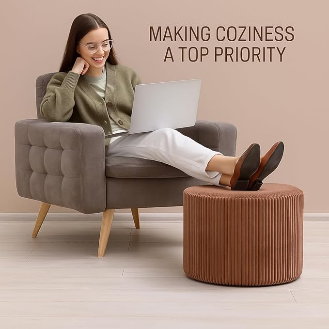 Round Pouf Ottoman and Foot Rest, Soft Corduroy Poufs with Sponge Chunk Filling, Comfort Sponge Stuffed Poofs for Couch Desk Resting Your Feet, Brown(17.1" D x 17.1" W x 14" H)