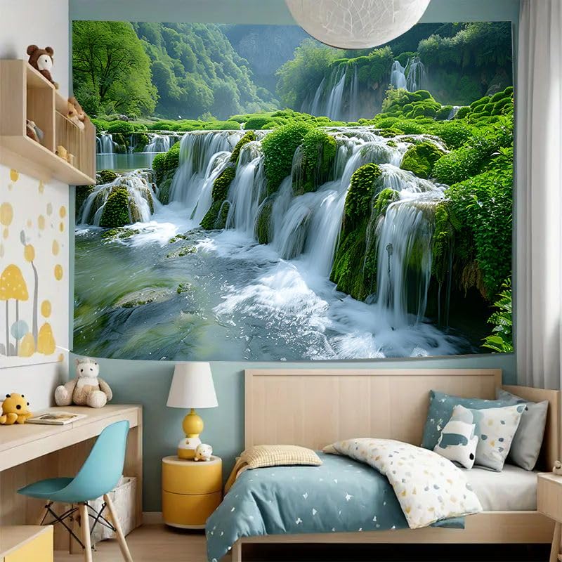 FENDROM Green Misty Forest Wall Tapestry Jungle Mountain Waterfall Nature Tapestry Tree Tapestries for Bedroom Living Room Dorm Decor - color: Waterfall, size: 90"L x 71"W