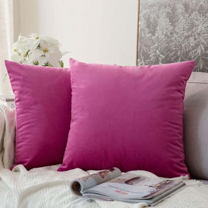 MIULEE Velvet Throw Pillow Covers 18x18 Inch, Pack of 2 - Hot Pink, Soft Solid Decorative Pillow Covers Cushion Cases Modern Luxury Home Decor for Couch Sofa Bedroom Livingroom