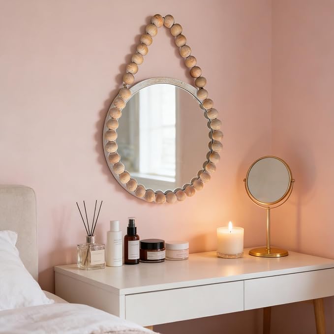 POZINO Wood Beaded Mirror, 20" Boho Round Mirror for Wall, Farmhouse Hanging Rustic Mirrors with Rope, Spherical Frame Circle Mirrors for Bathroom Bedroom Living Room Hallway Fireplace