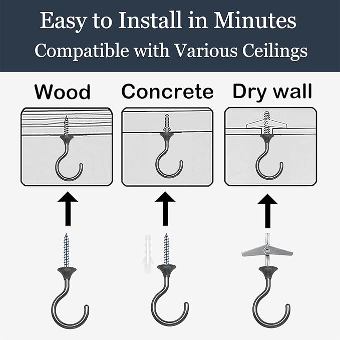2 Sets Heavy Duty Swag Ceiling Hooks with Hardware for Hanging Plants, Cavity Wall Fixing, Easy Installation, Holds Up to 30lbs, Ideal for Home & Garden (2 Sets, Black Nickel)
