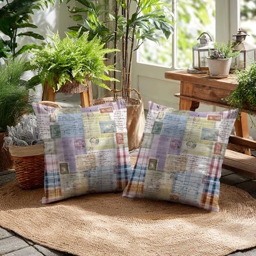 Vintage Postmark Throw Pillow Covers 18x18 Set of 2 | Retro Patchwork Cushion Cases for Couch Sofa Bed | Rustic Cottage Decorative Pillow Covers for Living Room Bedroom - color: Vintage Postmark