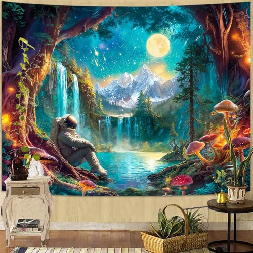 Zussun Mushroom Forest Tapestry Astronaut Nature Waterfull Snow Mountain Tapestry for Bedroom Aesthetic Fairy Moon Landscape Small Tapestries Wall Hanging for Dorm Living Room Decor 60 x 44 Inch - color: Cold Green, size: 60"L x 44"W