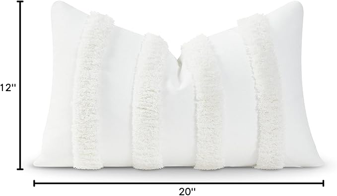 Hofdeco Premium Coastal Patio Tufted Indoor Outdoor Lumbar Pillow Cover Only, 12"x20" Water Resistant for Backyard, Couch, White Fluffy Stripes