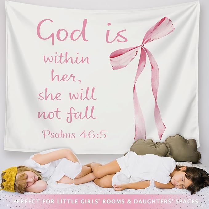 LIANGW Coquette Pink Bow Christian Tapestry Aesthetic, Wall Tapestry for Bedroom, Pink Wall Art for Teen Girls & Women, Bible Verses Tapestries Wall Hanging, Preppy Girly Room Decor 50x60 inche