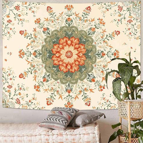 Wegklazax Mandala Floral Tapestry, Bohemian Botanical Wall Art for Room Decor, Vintage Aesthetic Home Decor 80" L x 60" W - color: Ivory Orange, size: 80"L x 60"W