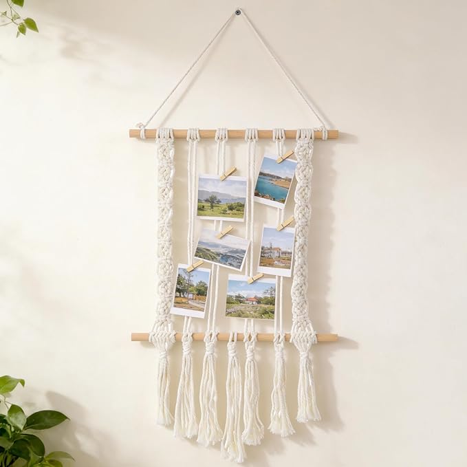 Joyibay Macrame Hanging Photo Display, Boho Wall Decor with Tassel Design, Includes 30 Wood Clips, Picture Card Holder for Room Bedroom Dorm Decoration, Ideal Teenage Christmas Birthday Gifts