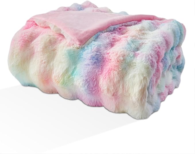 EMME Faux Fur Blanket King Size Rainbow - Big Bubble Rabbit Cozy Blanket for Couch, Thick Furry Plush Shaggy Blankets, 650GSM, 108x90 Inches