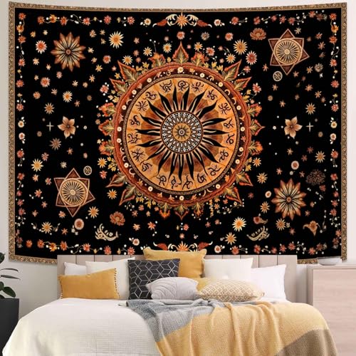 Kanuyee Mystical Sun Mandala Tapestry, Bohemian Celestial Wall Tapestry, Vintage Sunburst Tapestries for Room Decor, Artistic Tapestries 80"x60" - color: Brown Orange, size: 80"L x 60"W