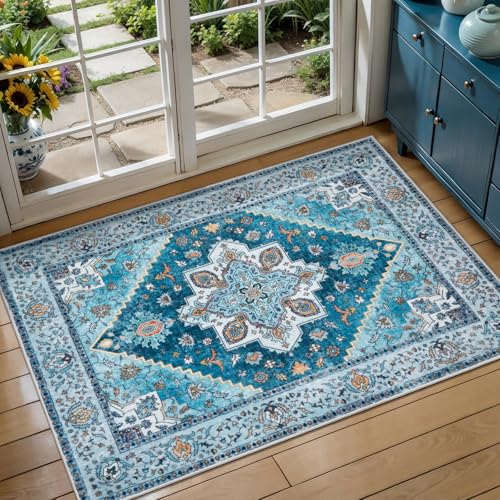 Tangsoo Blue 2x3 Washable Rug for Entryway, Vintage Non Slip Small Area Rug, Indoor Front Door Rug, Print Door Mat Small Carpet, Soft Low Pile Rugs for Entrance Kitchen Bedroom Home Decor - color: Sky Blue, size: 2' X 3' (Rectangular)
