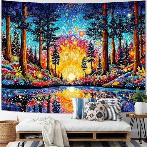 Lunerfex Sunrise Forest Lake Wall Tapestry, Trippy Nature Landscape Tapestries for Home Decor, Colorful Tapestry 80x60 Inch - color: Pale Green Beige, size: 80"L x 60"W
