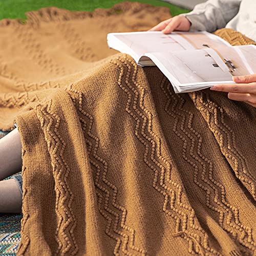 MIULEE Knitted Brown Throw Blanket for Couch,Boho Bed Decor Knit Outdoor Blankets Throw Size with Tassels Cozy Woven for Sofa Home Chair Wave Pattern 50" x 60" Inches - color: Brown, size: 50" x 60"