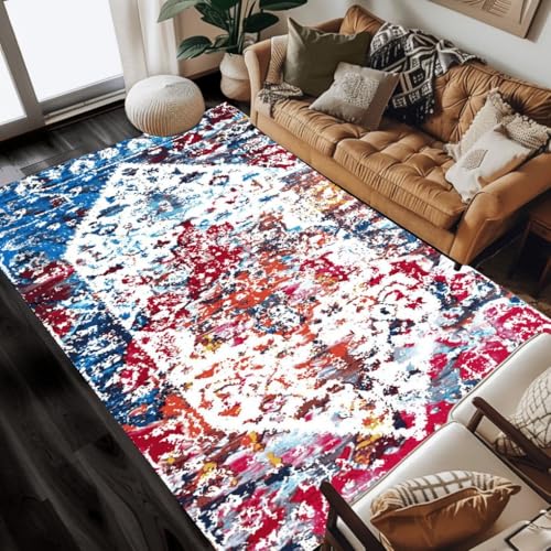 Vintage Area Rug Blue Red Machine Washable Soft Wool Antique Distressed Rug for Living Room Bedroom Guestroom Non Shedding Retro Accent Carpet Under Diningroom Table Office Farmhouse Rug 2x3 - color: F, size: 2x3